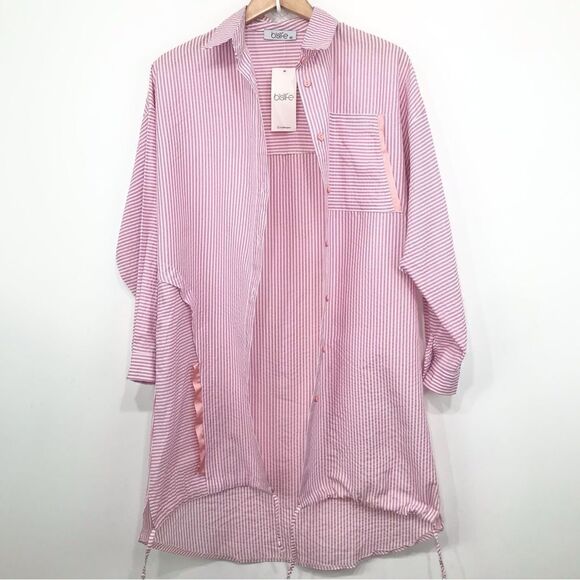 Bislife Pink White Candy Stripe Button Up Drawstring Tunic Top, Mini Dress NEW - Picture 2 of 16